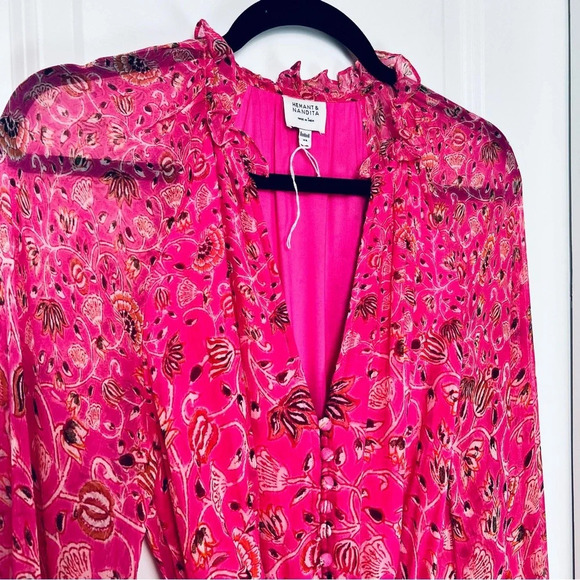 Hemant and Nandita Nara Tulip Pink Floral Romper Playsuit Long Sleeve.over-Up XS - Picture 4 of 14